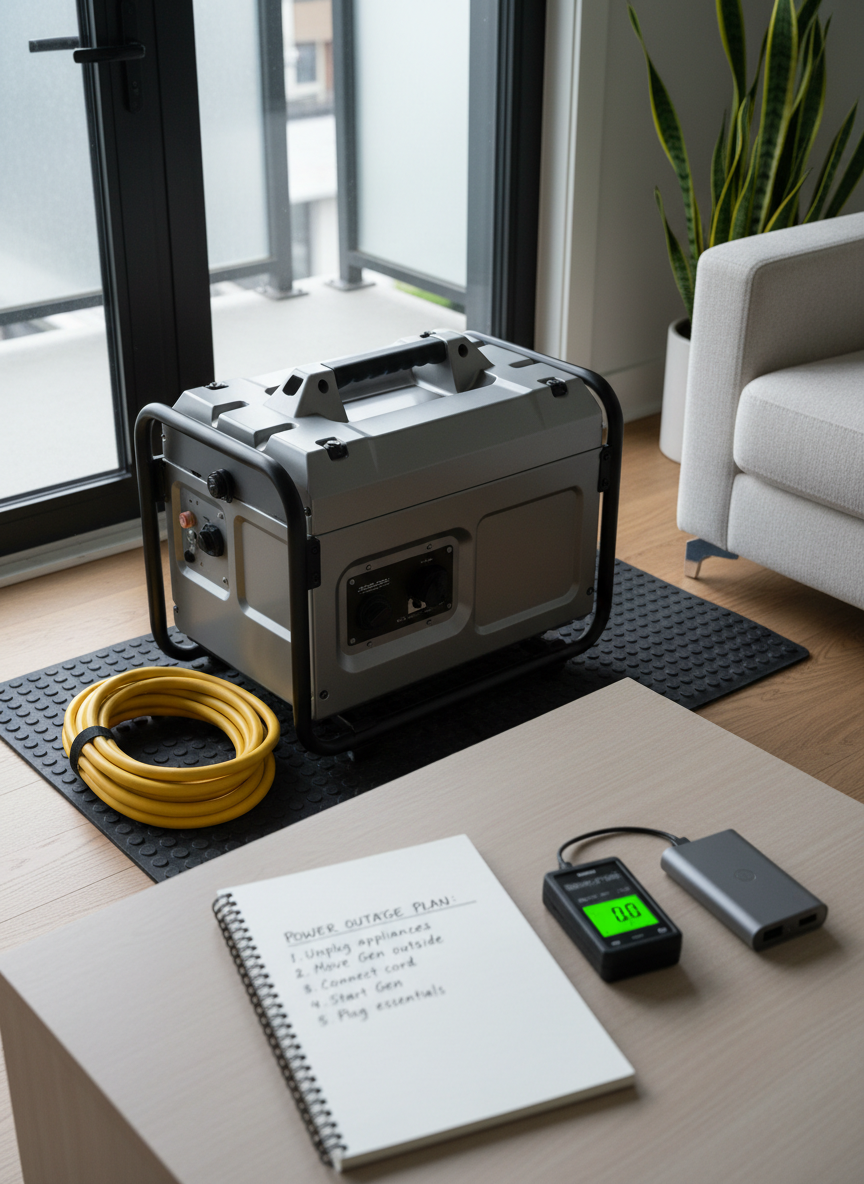 A minimalist living room corner where a sturdy, closed generator sits on a rubber mat near a balcony door, with a coiled heavy-duty extension cord neatly arranged beside it. In the foreground, on a low neutral-colored coffee table, lies an open notebook with a simple hand-drawn checklist of steps to follow during a power outage, next to a digital wattmeter and a compact power bank. Cool, diffused overcast light enters from the balcony, creating soft highlights on the generator’s textured casing and the smooth tabletop. The mood is calm, prepared, and practical. Photographed from a slightly elevated angle using rule-of-thirds composition, the image maintains clean lines, balanced spacing, and a professional, photographic realism style suitable for an instructional blog.