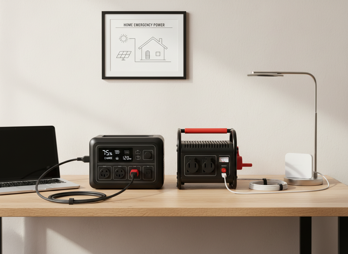 A neatly organized home workspace with a central focus on a sleek black portable power station and a compact inverter generator positioned side by side on a light oak desk. Both devices have clearly visible control panels, LED indicators, and labeled sockets, with tidy cables leading to a laptop, a table lamp, and a small router. The background shows a neutral-toned wall with a simple diagram of a home power setup pinned above. Soft daylight from an unseen window to the left creates gentle reflections on the matte plastic surfaces and casts clean, subtle shadows. Shot at eye level with sharp focus throughout, the composition is balanced and uncluttered, emphasizing clarity, reliability, and a modern, corporate photographic realism.